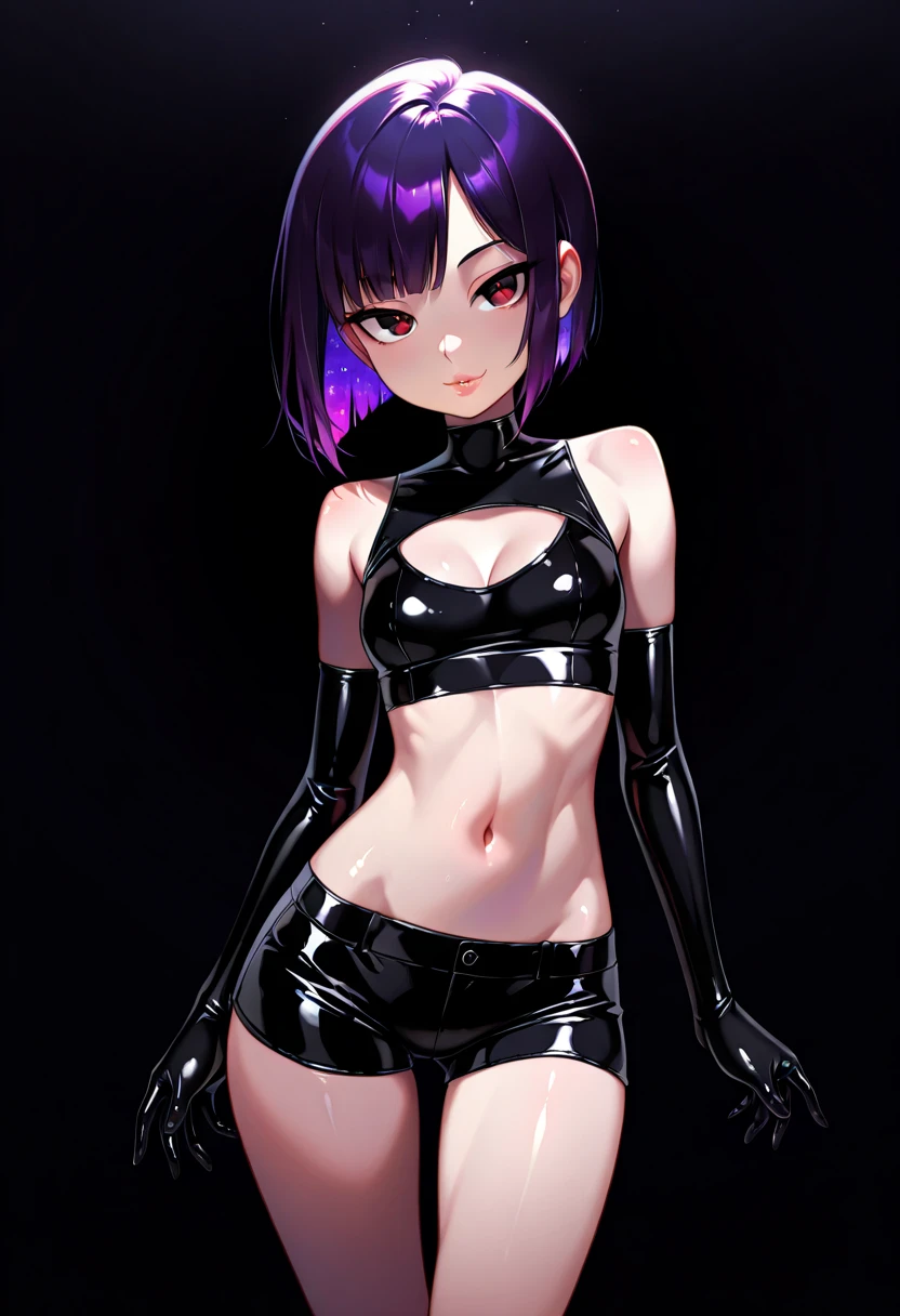 ((Cinematic light, Best quality, 8k, Masterpiece :1.3)), 1girl, Beautiful woman with thin abs :1.4, (purple hair, small breasts :1.3), hopefully falling, seductive open lips, sofa, ultra-detailed face, detailed eyes, double eyelidwork, best quality, Neeko, hair ornaments, hair flower, body paint, calango tail, trying to be sexy, ((( sexy a little bit see-through bodysuit))), ((goth)), showing sweaty armpits, steamy, sexual teasing, ((showing flat belly)), fight position, hands shining purple, ((black lipstick)), ((black make-up)), ((goth makeup)),