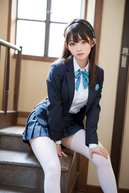 (Highest quality,8K),(smile),(Cowboy Shot),(school uniform),(Sports Bags),(1 bag),(Navy Blue Blazer),(The blazer is long),A bow tie,(Green tartan skirt),(White socks),Long face,Black Bob,Cherry tree,Sit with one leg up、((A detailed depiction of panties))、Low angle view、(I can see her panties)、(((Sit down and give a little tomorrow、Spread your legs wide)))、