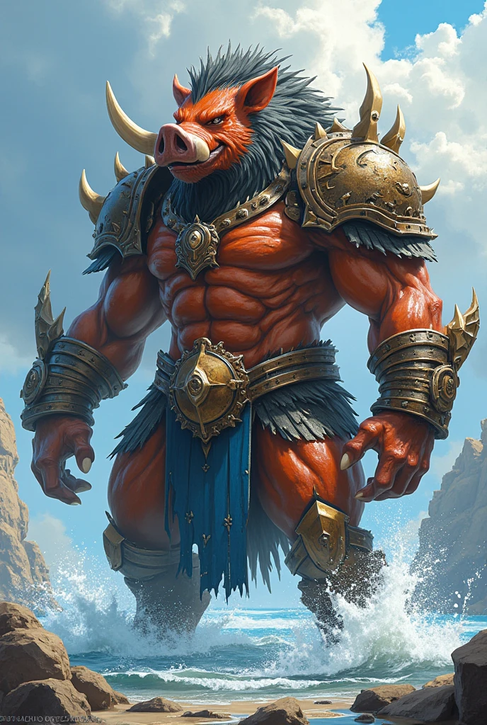 Create an image of a minotaur, With a sword and a shield, no armor, he is in a medieval seaport




