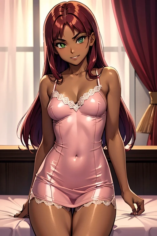 (red hair), (very dark tanned skin), young_starfire, (silky and glossy short turqois minidress), beautiful body, cleavage, lace, long_red_hair, bed, thin_body_and_legs, small_boobs, cute_grin, skinny body, realistic_legs, green_eyes, beautiful, high resolution, 8k, cowboy shot