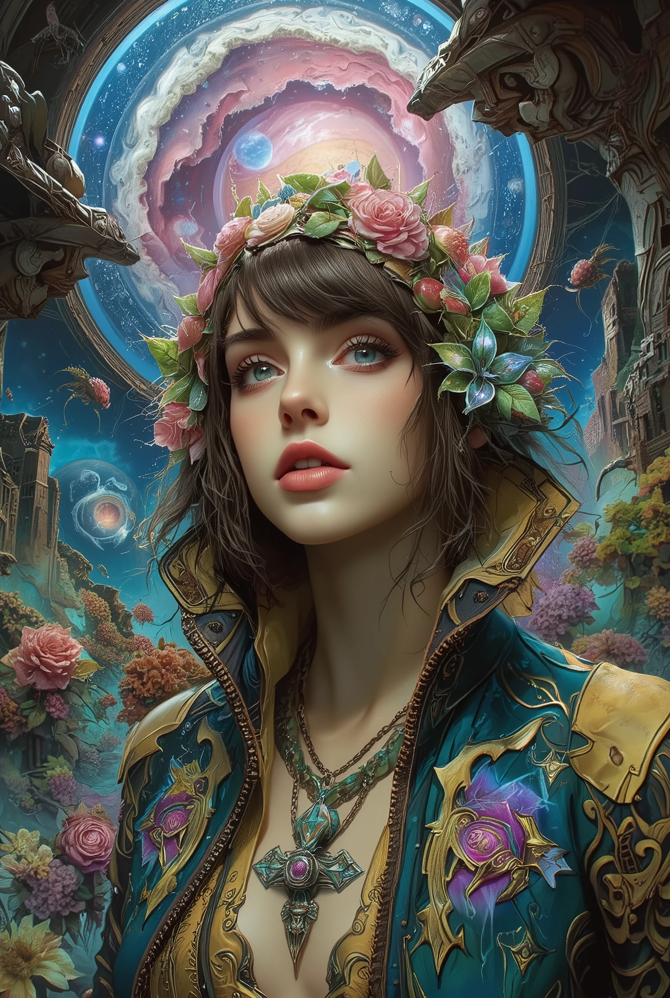 HD detailed, universe服を着た女性のクローズアップ, planets in the background , サイケデリックuniverseホラー, psychedelic illustrations, universe, Plant growth, 精神異常のuniverse, 背景universeグラフィックアート, universeのイラスト, universe, universeLSDポスターアート, After DMT Space , universeシーン, surreal space , universeスタイル