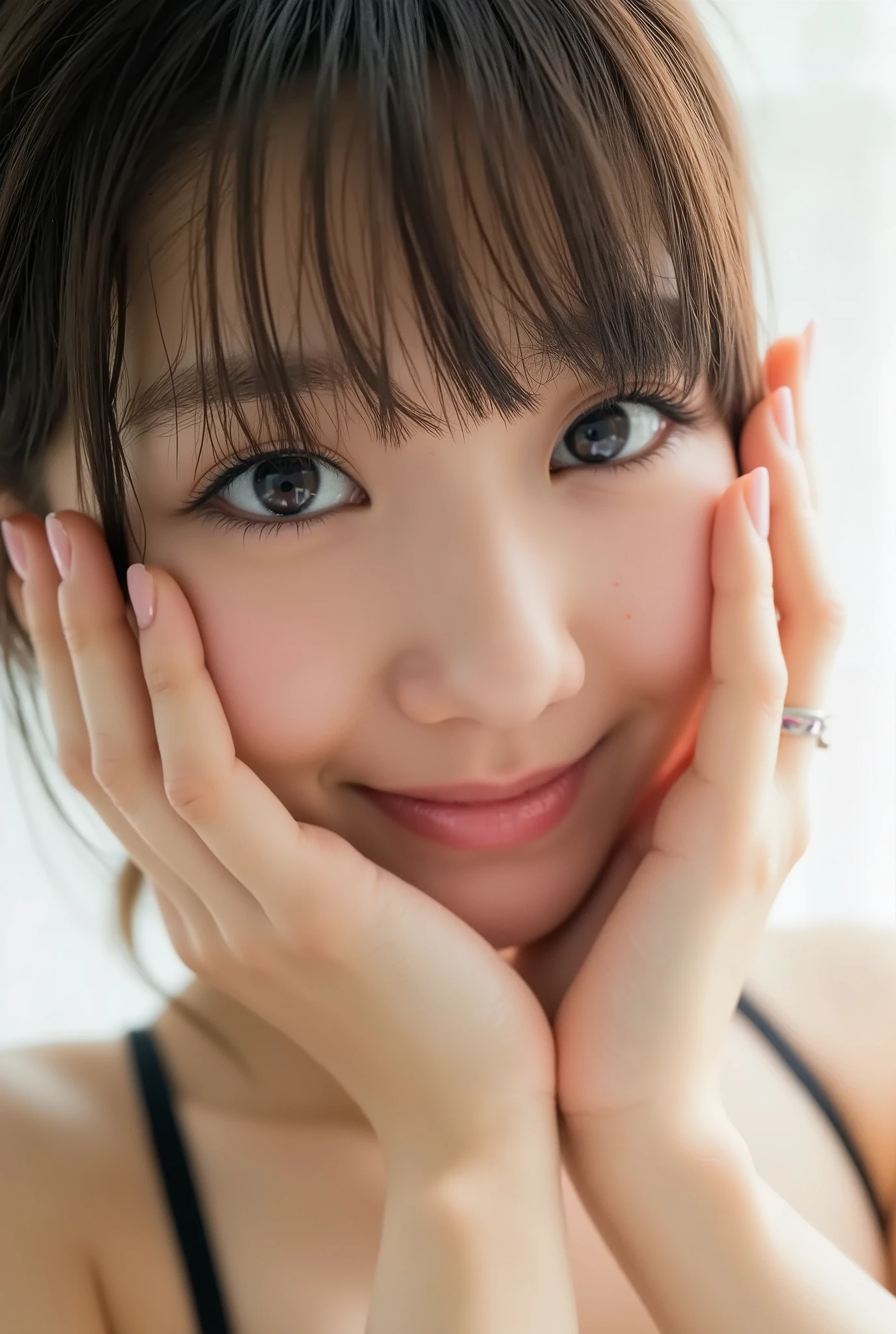 extreme close-up portrait, beautiful girl with her love-struck, radiant face filling the entire frame (95% face ratio), gently placing both open hands on her flushed cheeks with soft fingers, soft black camisole, white blurred background, eyes dreamy and half-lidded, deeply adoring gaze fixed straight at the viewer, irises ultra-detailed with intricate rainbow reflections and glowing catchlights, moist and sparkling eyes as if about to tear up from overwhelming joy, soft melting smile revealing slightly parted lips and upper teeth, skin with visible soft pores, realistic skin texture with warm lighting and subtle shadows, delicate eyelashes, glossy lips with natural highlights, cheeks glowing with deep blush, cinematic soft lighting, lifelike expression full of romantic euphoria, overflowing with happiness, warmth, and pure affection, subtly tilting her head as if whispering a name in total bliss, ultra photorealistic, masterpiece, 8K, hyperreal detail, skin pores, detailed iris texture, cinematic mood