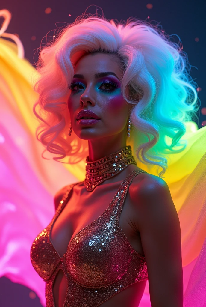 Lady Gaga Photo, 4K Texture, Bright Yellow & Bright Blue Two Piece Dress,Neon,Flamboyant White Hair, 8k Picture, Haute Couture, Flashes, High Image Quality,Neon Dress, Realistic Face, Various Body Poses, Full Body, 8k Image, Sharp Image,HD