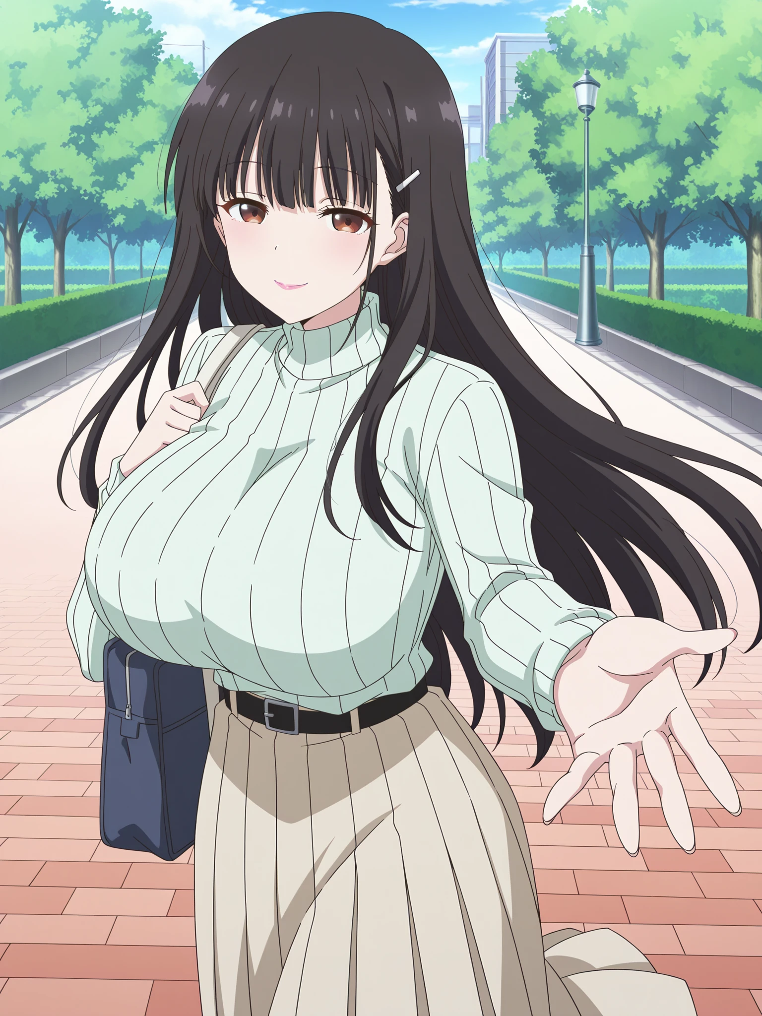 takebayashiGotobun, Black Hair, long hair, Barrette, ,, live stage, large breasts, 1girl,, 1girl, smile, (nsfw, naked:1.3)
