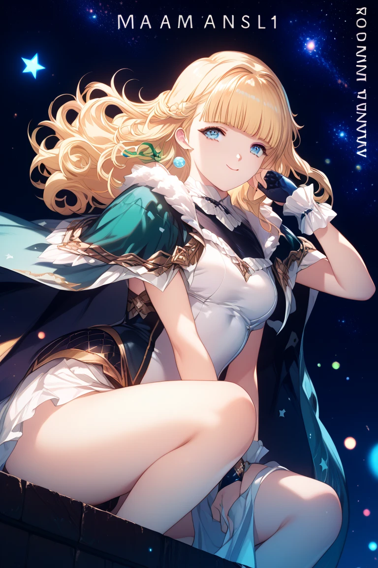 Anime girl with long blonde hair and blue eyes, elegantly dressed in a pristine white gown, named . Fate-like anime style permeates her enchanting aura. she embodies ethereal beauty.

