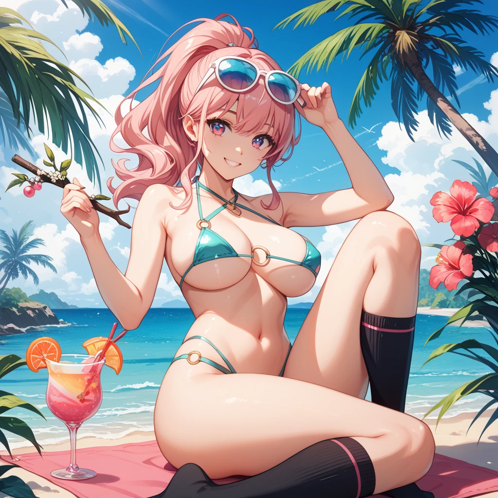 Side tie panties,,masterpiece, Highest quality, (anime screencap:1.3),(shape), cute,(Simple:1), (anime:1.2),Solo Sharp Focus, 1 girl, Cleavage,Looking at the audience, (Kawasaki ZX-10R,from side,whole Motorcycle Limegreen),Are standing,best kawasaki,(Browsing Caution:1.2),Colorful Bikini,Beautiful Hair,Horizontal stripes,heart shaped pupils,Checkered bra, Checkered panties,(Vivid and detailed Tropical drink 1.1),cute eyes,Puffy eyes,Seductive pose,Shining Face,Large Breasts,Twin tail hair,heart shaped sunglasses on head,Hilarious
