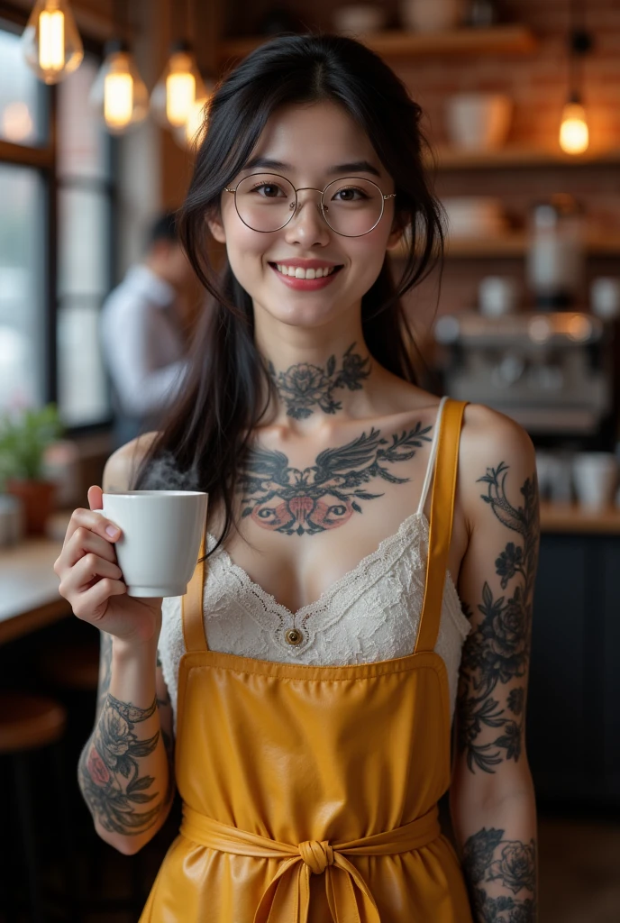 Best Quality, Face Focus, Soft light, 超A high resolution, (Photorealistic:1.4), Raw photo,Highlight the valley
Japan girls, Cute, (pupils on, Light in the eyes)， Detailed beautiful face, (large boob),(High-resolution details of human skin texture),Frolic，Cute smile，eye glasses、 
(Blue hair）、indecency、Obscene Dynamic Poses、shinny skin、The restrained face is cute、You can see the valley、Blackhead Cowhorn、Bat Wings、Snake tail、Tattoo of a flower on the abdomen、Drinking a lot of milk
Damask Shirt Dress,
(Portrait)