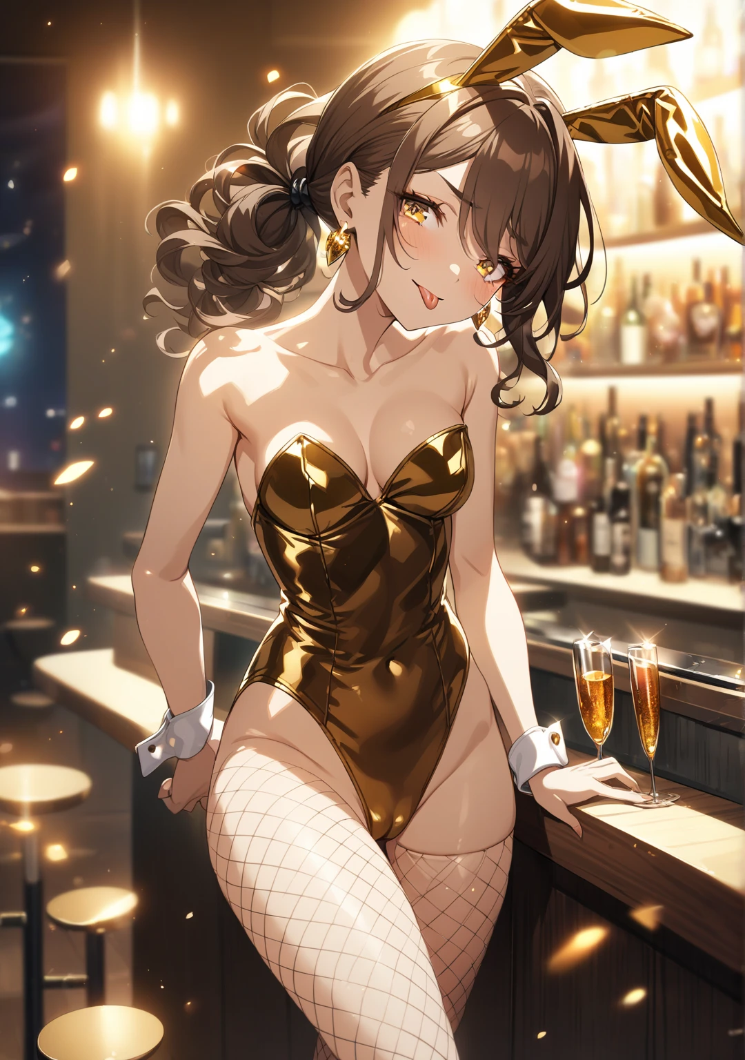 masterpiece, best quality, illustration, highres, absurdres, ultradetailed, amicia michella - nijisanji, 1girl, brown short hair, yellow inner hair, wavy hair, green eyes, highly detailed eyes, shiny, shiny skin, bright eyes, ((1 girl, solo, bunny ears ornament, black bunny suit, high-neck collar, bow tie, bunny girl suit, medium breasts, turtleneck, audience, crowd, ass, from behind, looking back, night club interior, nighttime, latenight)),