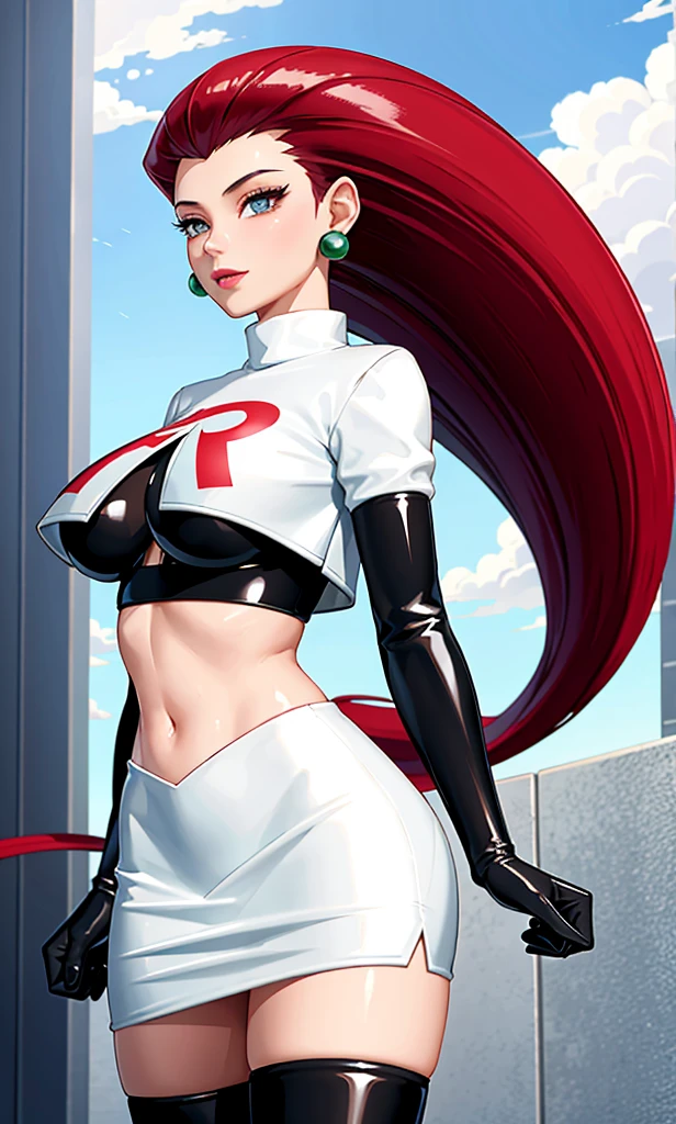 ((Cowboy shot:1.4)) 1 Same Girl , Perfect Beautiful , Pokémon character Jessie, (team rocket uniform) ((Jessie)), ((gigantic breasts:1.2)) (red violet hair), Extreme Detailed Portrait With Bokeh Effect , Realistic Lighting , ( ((black boots)) above knees:1.4), ((long hair:1.2)), (slicked back hair), Night Street View , Dark Vibe , Crowd , Gothic Makeup , (black gloves :1.2), (white skin:1.4) , (red lipstick:1.4), (giant red R on shirt),((white crop top, white skirt))Posing Like a Model , Look at Viewer, cool lighting, blue street lamp light ((moonlight ambiance light:1.0))