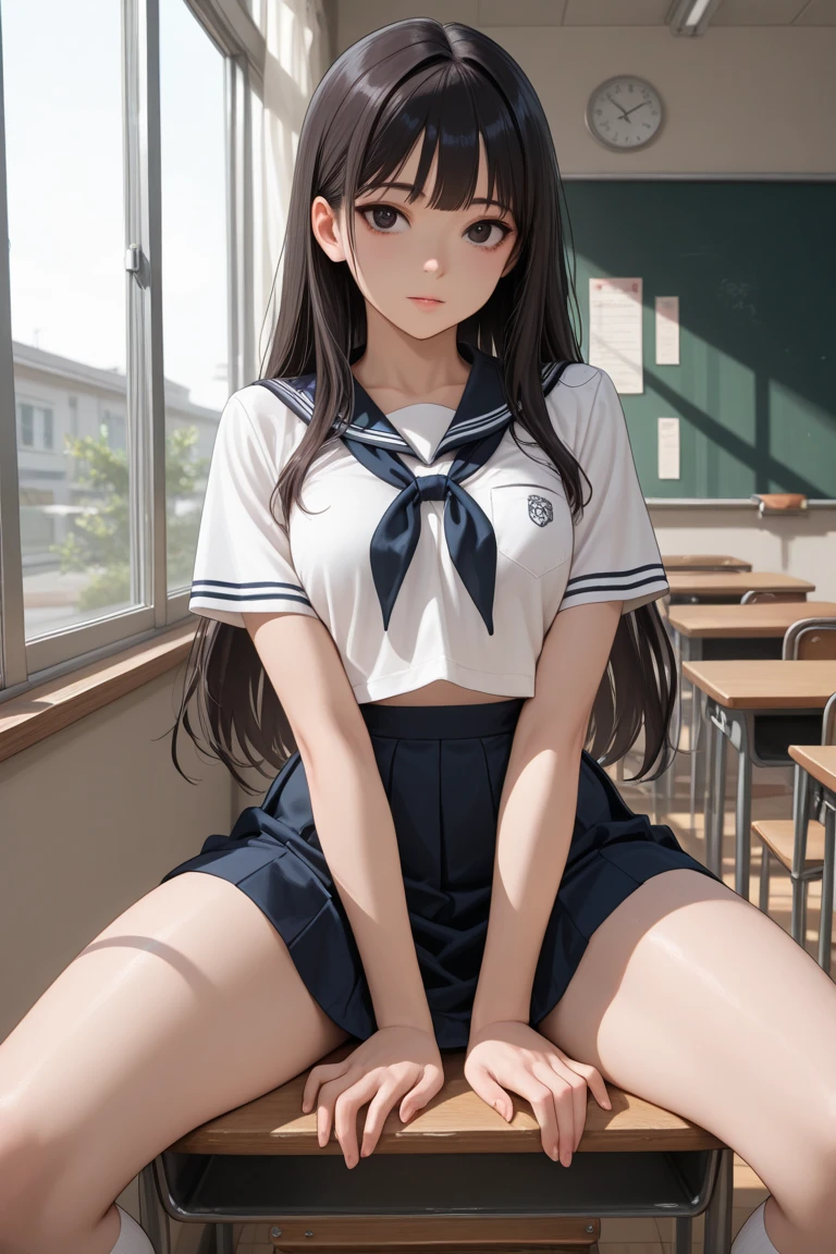 ((masterpiece,Highest quality:1.3,best quality illustration)),realistic,cowboy shot,1woman,(Mature Beauty),((very small head:1.4)),ideal ratio body proportions,brown hair,straight long hair,center parted bangs,gorgeous big eyes,brown eyes,shy、((tan skin,skinny,slender body)),、White short-sleeved sailor uniform、Navy blue sailor collar、Red neckerchief、Navy blue pleated mini skirt,Panty shot、small breasts,gleaming skin,sweat,sitting,leg up,Simple bed、simple hospital room、Tokyo、