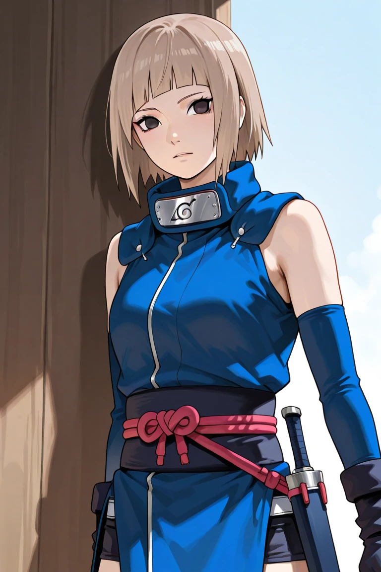 young girl, Blonde, blue eyes, bangs, short shoulder length hair, big breasts, small waist, flat stomach, Wide hips, big thighs, ninja, Naruto, loose pants below the waist, foot bandages, short T-shirt, short sleeves, gloves, ninja style, konoha bandana on the waist, Leaf Village, at night, stop looking at the village, perfect lighting, detailed shadows, high quality, HD, 4k, Masterpiece