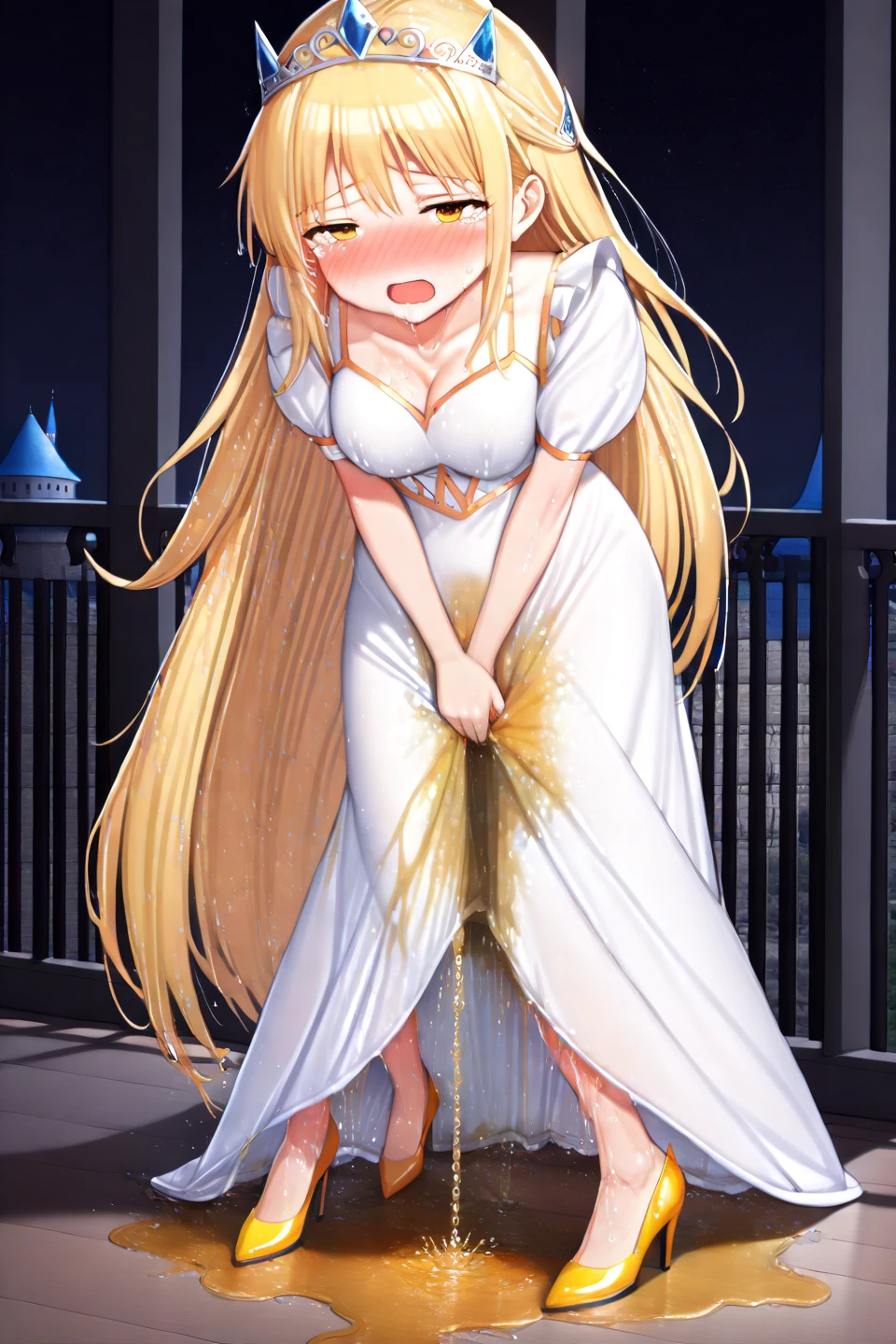 Anime. Kono Subarashii Sekai ni Shukufuku wo. Megumin. 1 girl. Cutie. Enchantress. Mag. Blonde. Long hair. Hair ornament. Blue eyes. Beautiful eyes. Perfect eyes. Expressive eyes. Ideal face. Face about to sneeze
Sneezing face. Beautiful nose. Snotty nose. After sneezing, long snot hangs from the nose. 16 years. Big breasts. Beautiful breasts. She is ill. She has a cold. She has allergies. She has a runny nose. Nasal mucus. She has snot. She wants to sneeze. She needs to sneeze. She has a strong, desperate urge to sneeze. She sneezes. She sneezes. Splashes of snot fly to the sides. Snot flows from the nose. She has urinary incontinence. She wants to pee. She needs to pee.
She has a strong, desperate urge to pee. Iskkay. Fantasy. City. Street. Many people. Ideal anatomical body. Hand on crotch. Squeezes the perineum tightly. Rubs the crotch. The knees are all different, the feet are different. The girl can't stand straight. Pointed, wide-brimmed magic hat. Magic staff. Casts mortification. White linen blouse. Skirt. Shoes. Cloak. Full height. Beautiful character design. Shiny skin. Whole body. NFS. Official art. Extremely detailed CG Unity 8k wallpaper. Ideal lighting. Ultra high resolution 4K. Super detailed 8K. A high resolution.