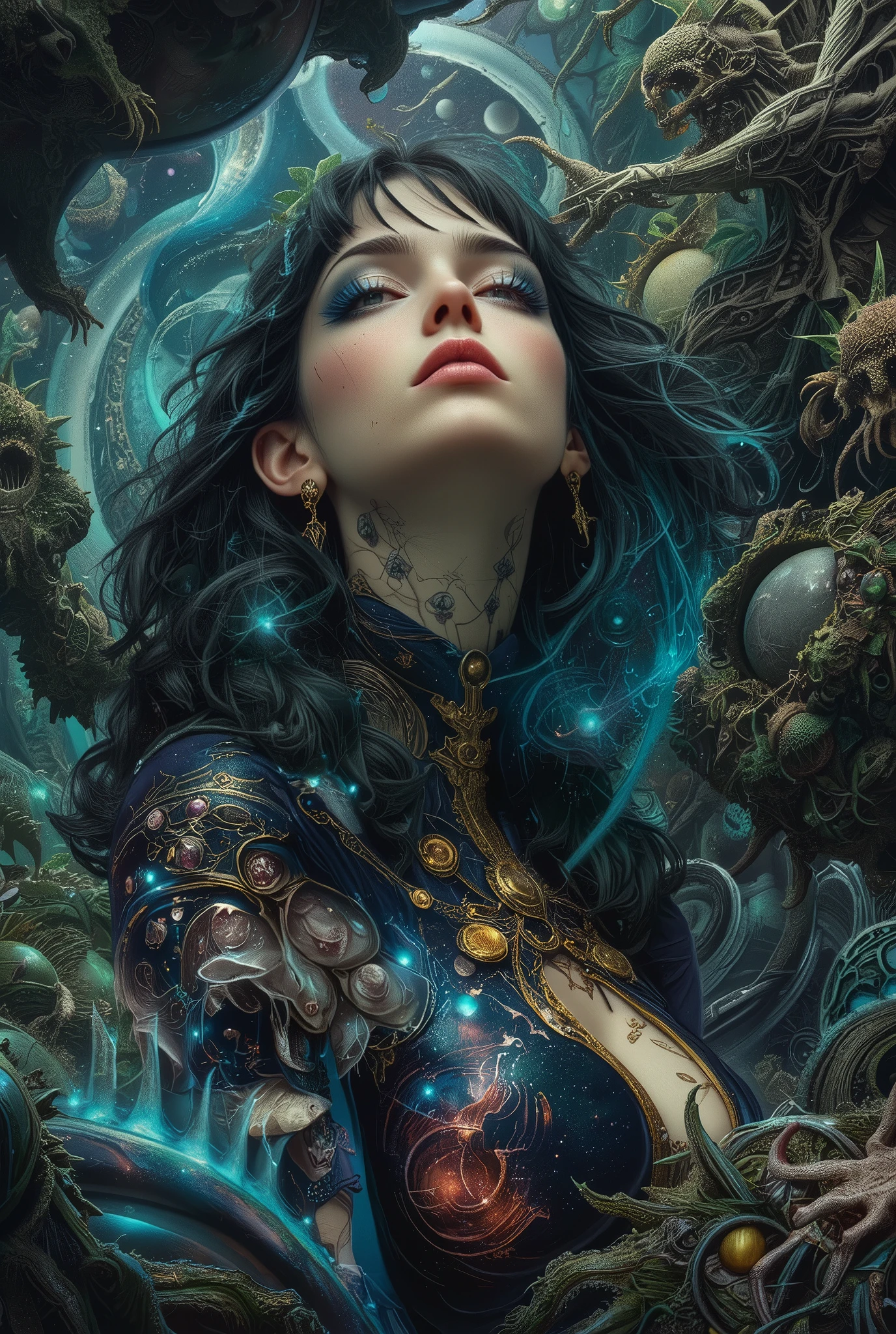 HD detailed, universe服を着た女性のクローズアップ, planets in the background , サイケデリックuniverseホラー, psychedelic illustrations, universe, Plant growth, 精神異常のuniverse, 背景universeグラフィックアート, universeのイラスト, universe, universeLSDポスターアート, After DMT Space , universeシーン, surreal space , universeスタイル