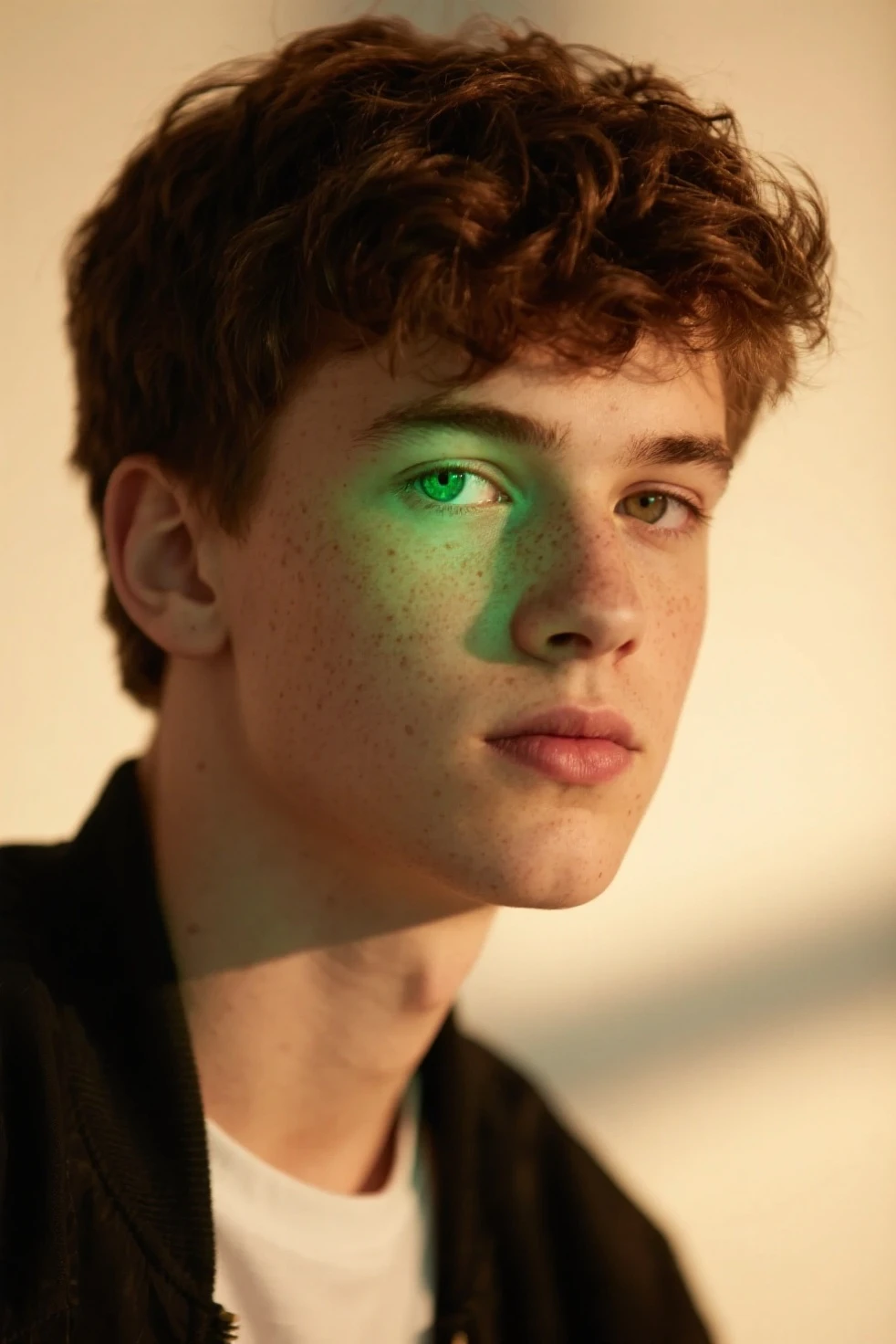 A 16 year old white boy with a sharp jaw and some freckles with slightly short hair.........., Slightly messy wavy hair and green eyes........... Height of 1.85 with a classic style, with a seductive look with headphones, more seductive, mas sexy, MUCH MORE SEXUAL, but high, with a necklace