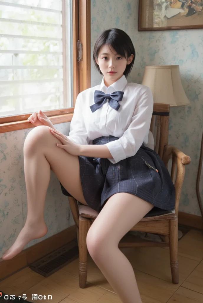 Raw photo、32K、8k There is a woman sitting at the table with her legs open, Twintails with black hair、Cute Schoolgirl, japanese girl school uniform, Japan school uniform, wearing japanese school uniform, School Girl, Young Pretty Gravure Idol, Realistic Young Gravure Idol