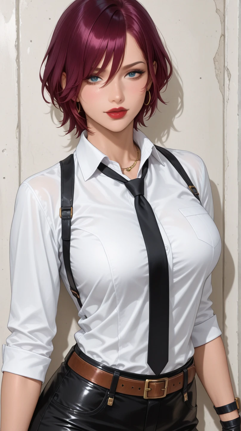 a gorgeous woman wearing a white silk shirt with a deep v neck, tiny white miniskirt, and a belt, cinched waist, bright lighting, photorealistic, high fashion editorial, crimson hair, vampire, corset, looking at camera, bobcut hair, undercut hair, red panties