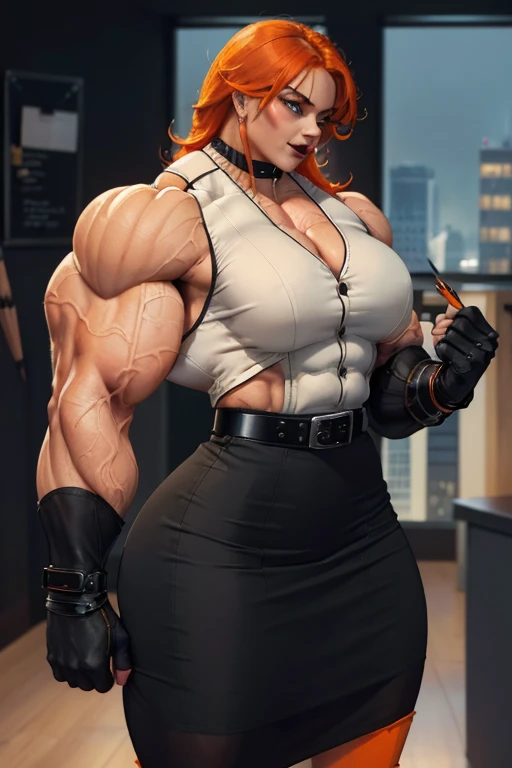 (Close view), tall, muscular woman, (orange hair), long beachy hair, pale white skinned, closed smile, (black lipstick), ((massive muscles)), (hyper muscle), ((ginormous bulky muscles)), ((glowing green eyes)), (sparkly orange cheongsam dress), wristbands, choker, high heels, (in a Japanese nightclub),