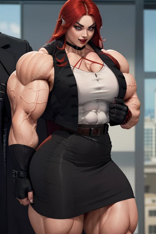 ((Close-up)), tall, (red hair) beautiful muscular asian woman, long hair, pale white skinned, closed smile, (black lipstick), (massive muscles), (hyper muscle), ((ginormous bulky muscles)), yellow eyes, ((red lace bra)), (((black long pleated skirt with belt))), (fingerless gloves), Jewel choker, (thigh highs), (flexing bicep), morning in college,