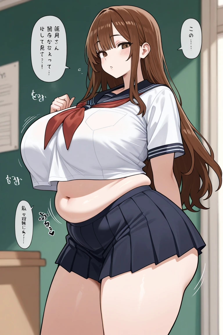 ((Masterpiece)), perfect anatomy, perfect shading, field of depth, (best quality), extremely delicate and beautiful, perfect lighting, detailed face, ultra cute face, cute, (from below 1.2), looking at viewer, full body, (((1girl))), (((solo))), cheerleader
long hair, fluffy hair, brown hair, green eyes, ((blush))), embarrassed, worried, (cheerleader uniform), (white tank top 1.2), (short section red skirt 1.2), thigh highs, chocker, extremely tight clothes, large breasts, cleavage, perky breasts, (((wide hips))), ((thick thighs)), ((plump)), chubby belly, fat rolls, belly hang,
Locker room, intricate background, detailed background, sweaty, out of breath, arms behind back,