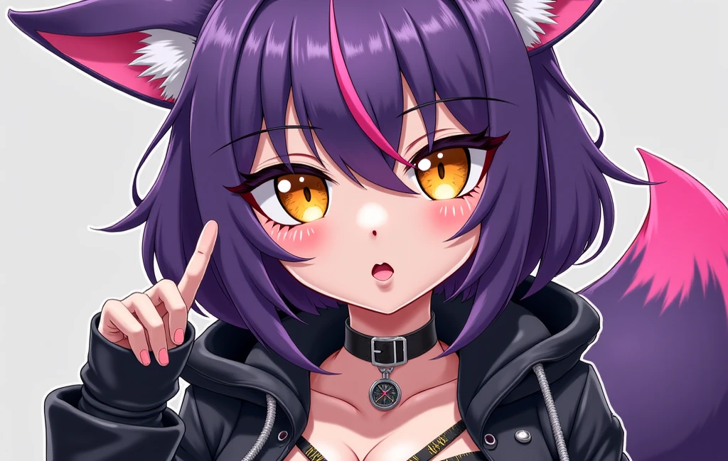 Jahy adult form with medium breasts, wearing a dark purple top sexy, cat like ears to the sides, teeth like a cat, (light tanned skin), (orange colored cat like eyes), (sfw), (detailed eyes), dark purple hair, wearing black short shorts with a yellow belt buckle,