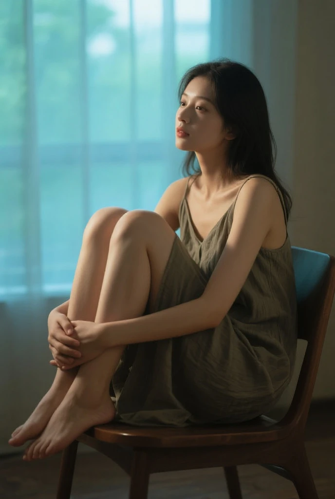 Asian girl, Extremely beautiful face，Elaborate Eyes，Fold your hands on your knees，low head，weeping，sadness，Dance studio，the rule of thirds, Tonal color scheme
