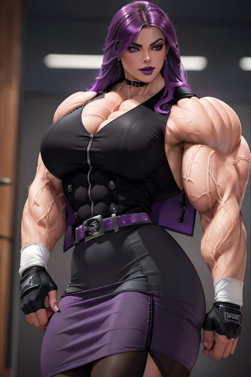 (((Close-up))), tall, (violet purple hair) beautiful muscular woman, long hair with long bangs, pale white skinned, closed smile, large breast, (black lipstick), (massive muscles), (hyper muscle), (ginormous bulky muscles), black eyes, (((long violet wrap dress))), bracelets, choker, high heels, on the rooftop at night,