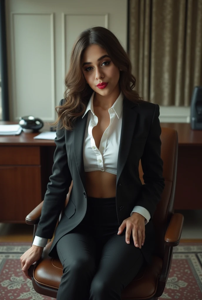 Indian woman posing, smile、curvaceous indian warrior woman、smile((half)CEO woman sitting on chair in RAW photo office, wearing white suit, (Use dark attractive eyes) movie scene, white tight skirt(perfect) ,My heart flutters a little,Serious and elegant woman with thick female eyebrows, Agent 007 Girl Style, (mysterious serious face,) , at work, elegant and elegant, (high quality, realistic images), (最high quality, 8K,