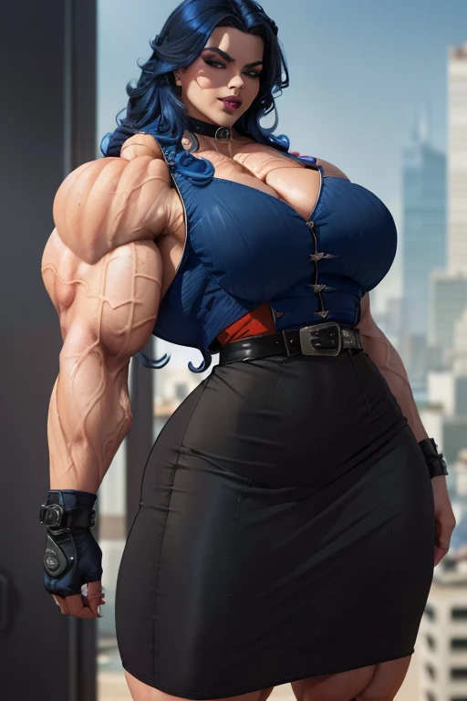 (((Massive tall, beautiful, buff, pale white skinned muscular woman with royal blue hair, black lipstick, ginormous bulky muscles and wearing a beautiful royal blue unbuttoned blouse with a beautiful black long pleated skirt))), (close view), massive muscles, massive biceps, hyper muscle shoulders, massive muscle arms, vascular shoulders, hyper muscle triceps, (long curly wavy hair), (beautiful unbuttoned royal blue blouse), white eyes, studded gauntlets, gloves, choker, (beautiful black long pleated skirt with a belt), shoes with socks, (in a beautiful hallway), closed smile, morning, hyper vascular arm, hyper muscles arms, hyper muscle legs, massive arms