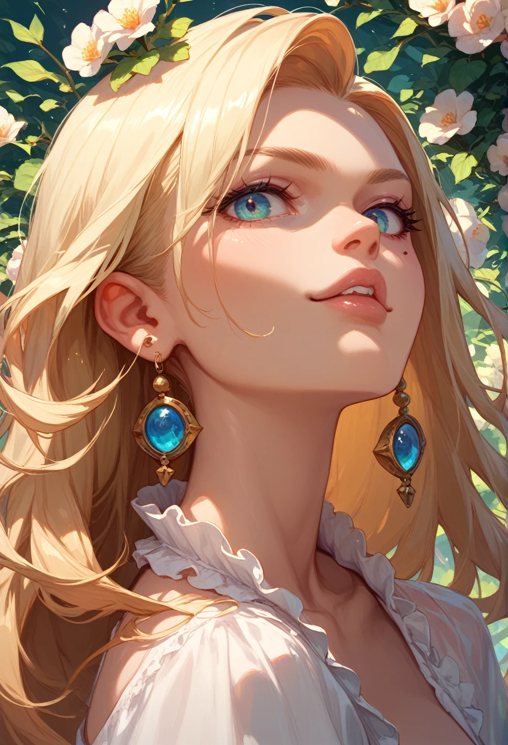 (high definition symmetrical poster art), aerial angle, ((Art Nouveau portrait, round face, small breast, goddess of breasts, she has extremely beautiful nipples)), drooping eyes, blush, blond, braid, ((drapery)),