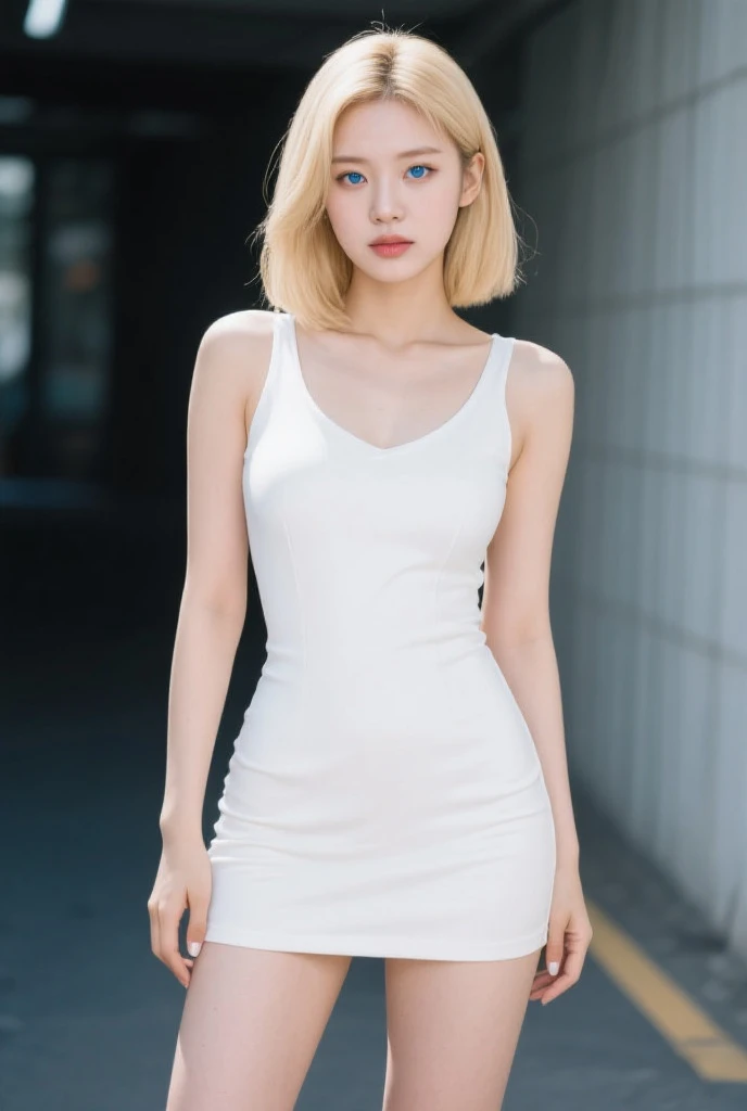 Curly Bob Hairstyle, Platinum blonde haired woman in orange collared shirt posing for photo in the city, 8K Artgerm bokeh, Well-proportioned body, Beautiful Korean woman, Gorgeous necklace, Young beautiful Korean woman, Soft portrait shots 8 k, Korean Girl, Narrow eyes, Beautiful grey eyes, Chen 8K, Cute young woman, Korean woman, Beautiful blonde girl