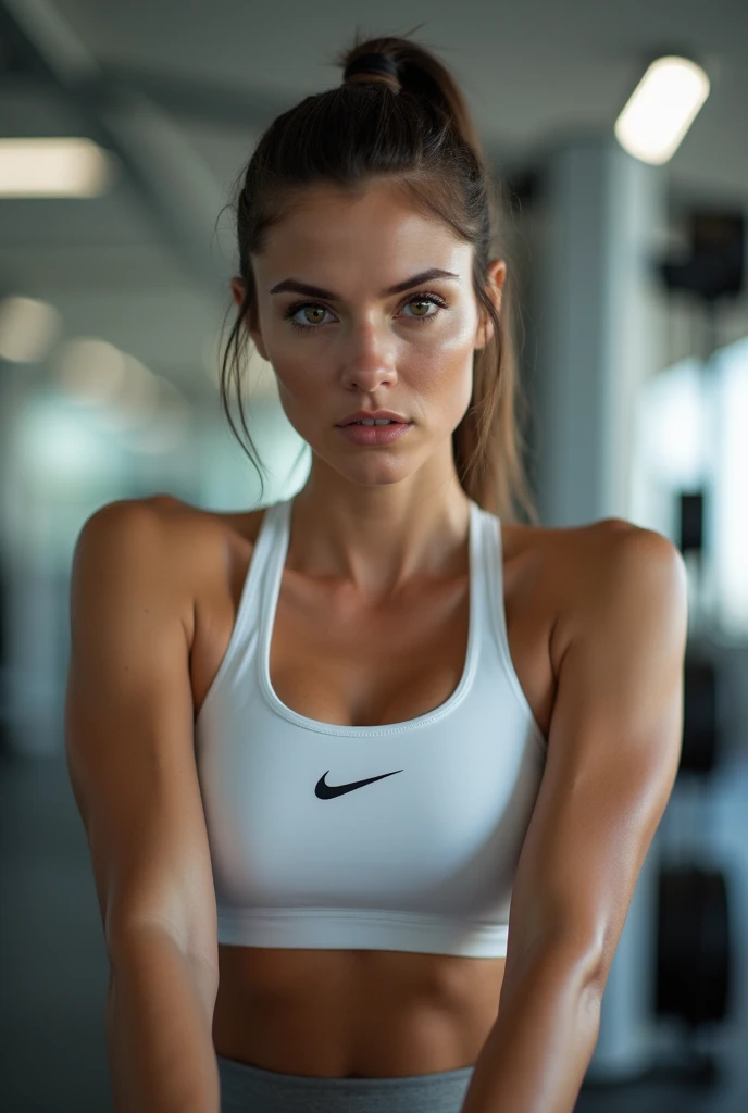Exact same british young girl wearing a sports set and leggins in a private gym, perfect and full body, curvy_hips, looking-at-viewer, light honey eyes, standing, mood lighting, Bokeh 