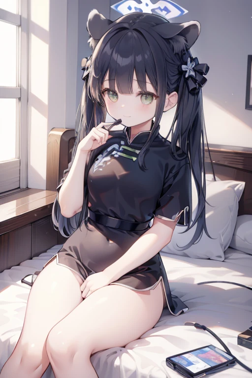 shunny, halo, animal ears, flat chest, twintails, chinese clothes, short sleeves, white thighhighs, shoes, 8k resolutions, in park, smallgirl, realistic eyes, idle pose, super happy