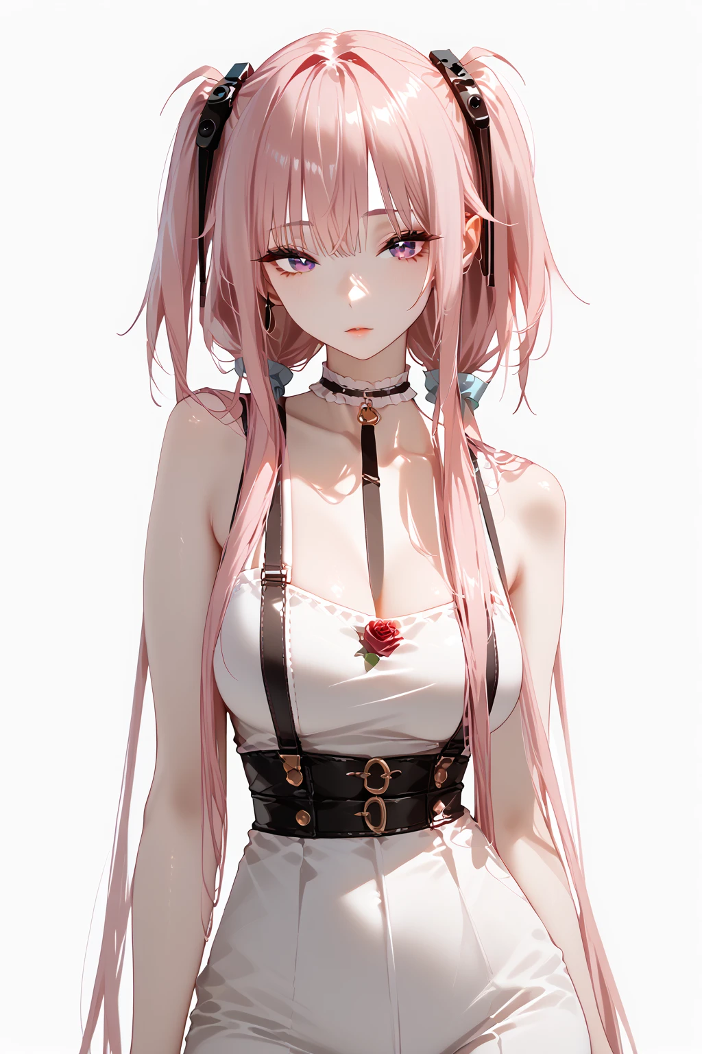((masterpiece)), ((best quality)), (ultra-detailed), NSFW, ((torture chamber)),(torture),(((single narrow belt strongly bound waist))),a cute girl, 1girl, solo, (white mini frill onepiece dress),(chain bound arms), (both hands are bound and is hung from the ceiling),((thin waist)),((bdsm)),beautiful pink hair, beautiful blue eyes, (beautiful eyes), long hair,troubled expression