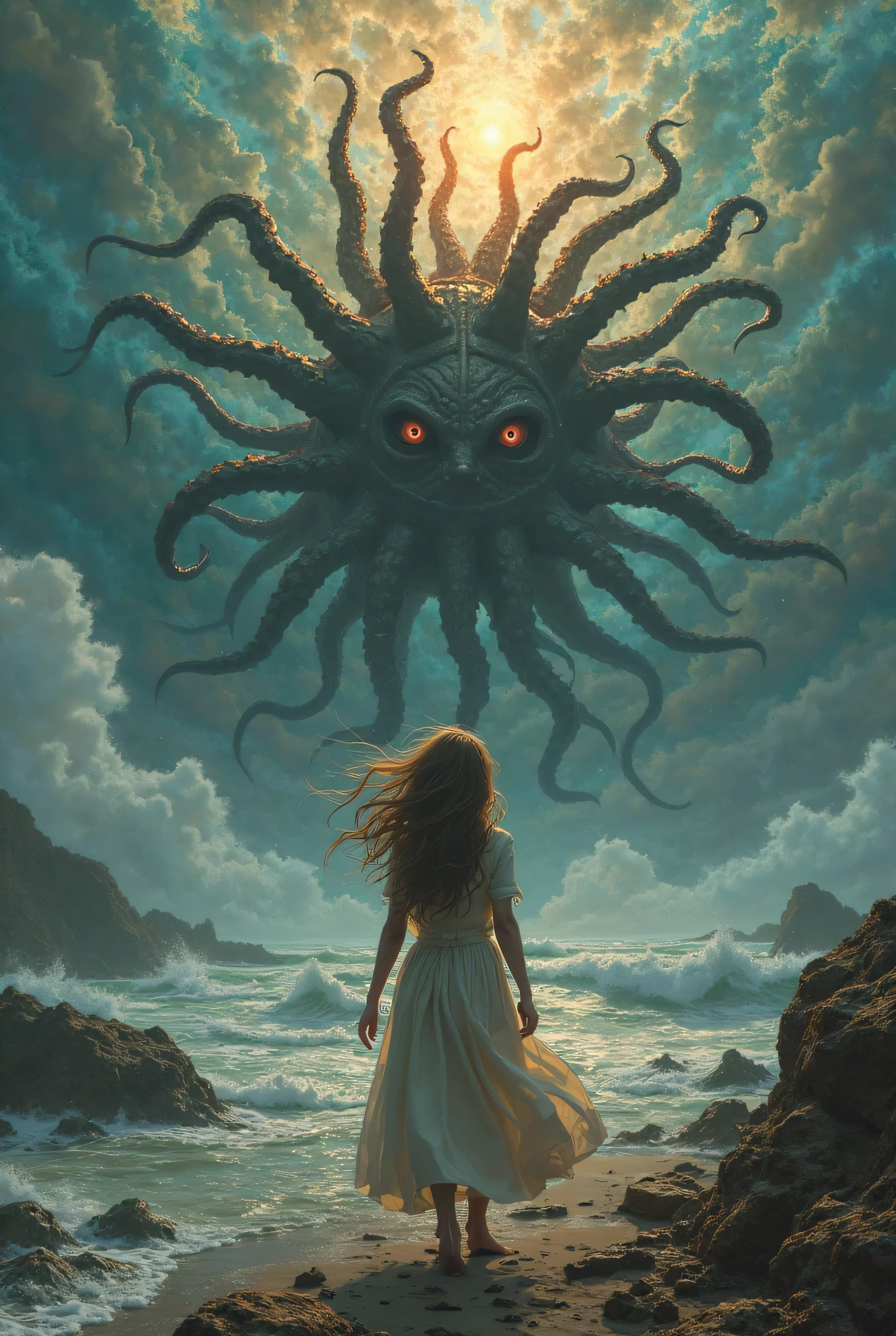 (Best Picture Quality, 4k, 8k, Hi-Res, Masterpiece:1.2), (Ultra-Detailed, Realistic, Graphic:1.37), (Severe Situation:1.1), (A scene from ancient Greek mythology, beautiful Princess Andromeda sacrificed by a monster:1.2), ((Lying on her back on a sacrifice table on a wharf:1.5)), a blonde with chains around her wrists Large shot of Andromeda, a beautiful naked woman with blue eyes, from behind. (shackles on her hands with chains attached:1.6), (Andromeda looks in anguish:1.1), In the distance, the upper body of a giant man-eating monster, the Kraken, emerges from the sea, a life-threatening scene; Medium: Illustration, Detailed Illustration, Digital Illustration, Strong Shadows (strong texture:1.1), detail: (eerie atmosphere, eerie clouds, celestial ladder reaching out from between the clouds, dark lighting, murky seawater:1.2), detail: desperate expression of the princess, terrifying eyes, scarred bare feet, rippling muscles of the monster's upper body, scales shining in the sunlight on the monster's body; artistic style: dark Fantasy, terrifying mythical creatures, dramatic composition Color palette: eerie Lighting: eerie moonlight casts unforgettable shadows; spotlight illuminates princess and monster; (amazingly powerful and realistic composition by Greg Rutkowski:1.2)