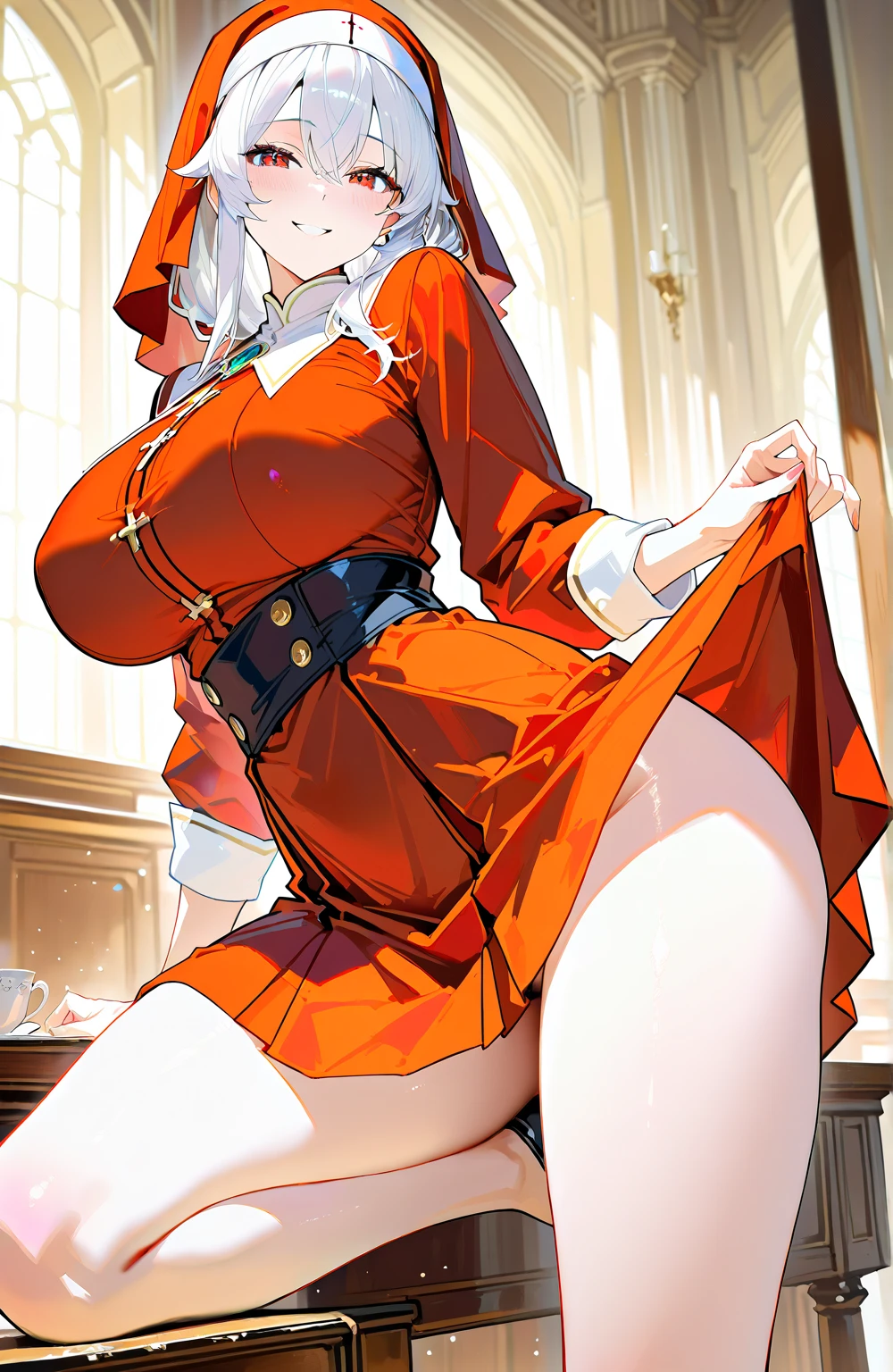 ((blank background)), masterpiece, best quality, silver hair, (big breast:1), ((full body framing)), symmetry, nurse woman, nurse uniform, nurse cap, long pants, ((curvy)), wide hips thick thighs, short skirt