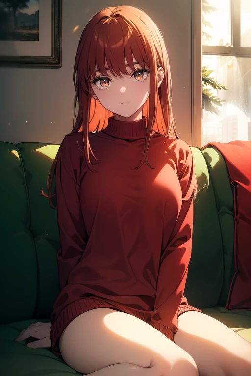 ((((Obra maestra, La mejor calidad, ultrahigh resolution)))), 1girl, sitting on couch, (from above) (((wearing a an oversized long sleeve red Charistmas sweater, long sleeved red sweater))), long hair cut, pale skin, ((brown eyes)), (glowing_eyes, luminescent eyes), (ultra detailed eyes:0.7, beautiful and detailed face, detailed eyes:0.9), ((centered)), smile, ((wide shot)), facing viewer, (((vibrant background of a cozy interior, flowers, bright lighting, summer, sunlight))), flat chested, looking at viewer, ((perfect hands)), ((head:1, hips, elbows, arms, in view)), ((hands behind back)), beautiful lighting, defined subject, (13 years old), ((cool looking)), ((slight breeze in hair, vintage sun glare))