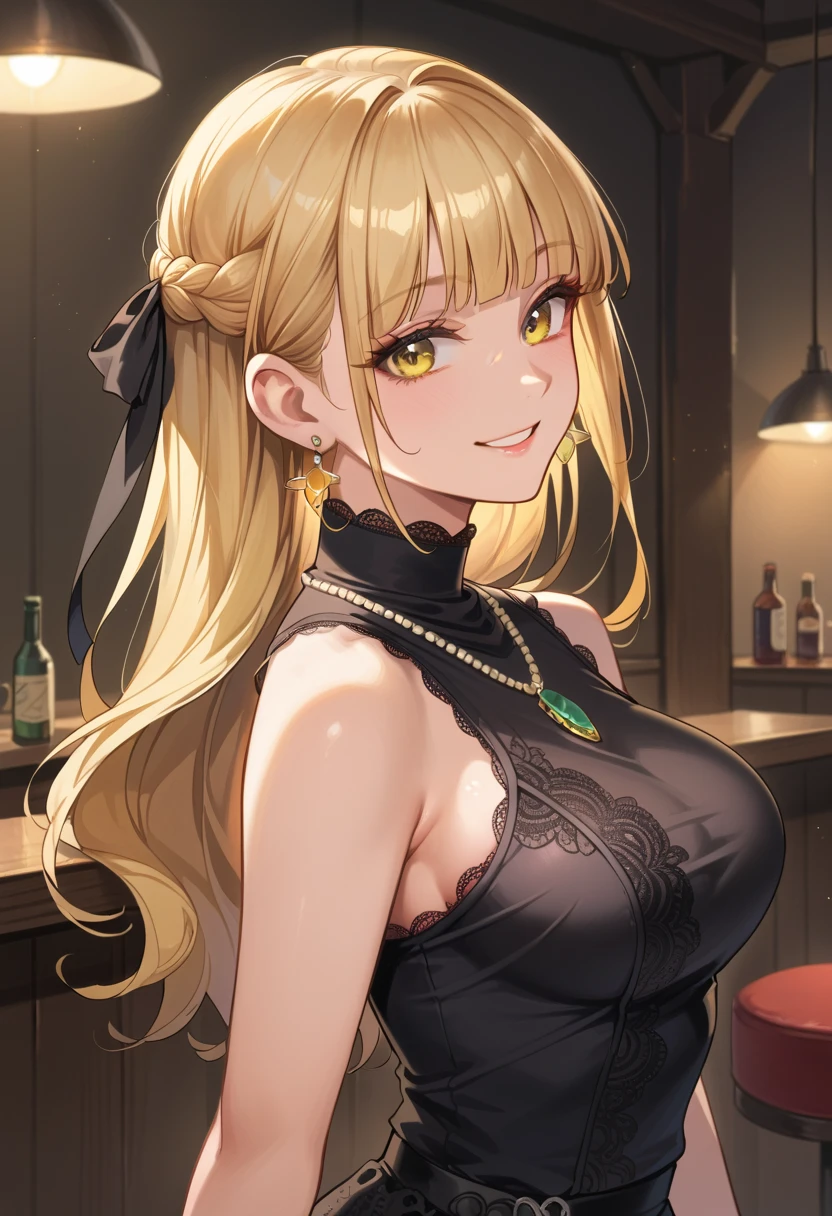 beautiful, linework, thick outlines, strong shadows,<lora:detail_slider_v4:1.5>, (detailed background:0.9), (detailed face:0.9), 1girl, (huge breasts:1.1), lime green eyes, yellow hair, wavy hair, medium hair, cleavage, seductive smile, blush, black tank top, bar, leaning forward, <lora:pixel-portrait-v1:0>, <lora:Sagging Breasts v1:1> sagging breasts