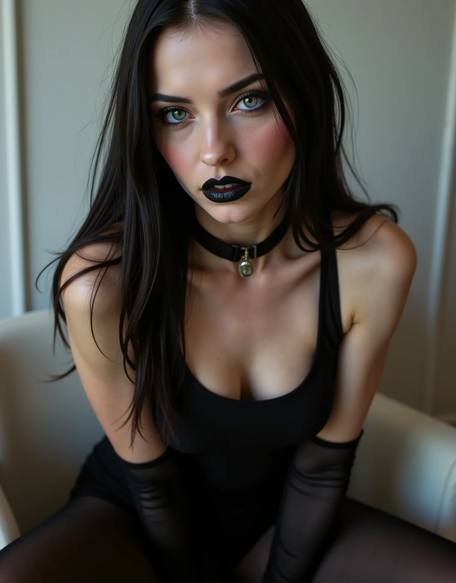 Handsome young skinny female, with very long slick wet black hair, teal blue eyes, long lashes, and white and pale skin. smooth. (((masterpiece))). Delicate and perfect facial features. No body or facial hair. Wearing black very tight and shiny clothes. Sexy curves. Sexy pose. ((FULLBODY))). intense sultry eye contact, dark winged eyeliner, reaslistic skin texture.photorrealistic. seductive glossy black lips. dark glossy goth makeup. facing the viewer. looking with lust into the viewers eyes. horny face expression. firm fake round breasts. choker. sitting upright with legs spread, thigh gap, legs spread, worshipping her master, manspreading, hands behind back, hands not visible,feet obscured and not visible