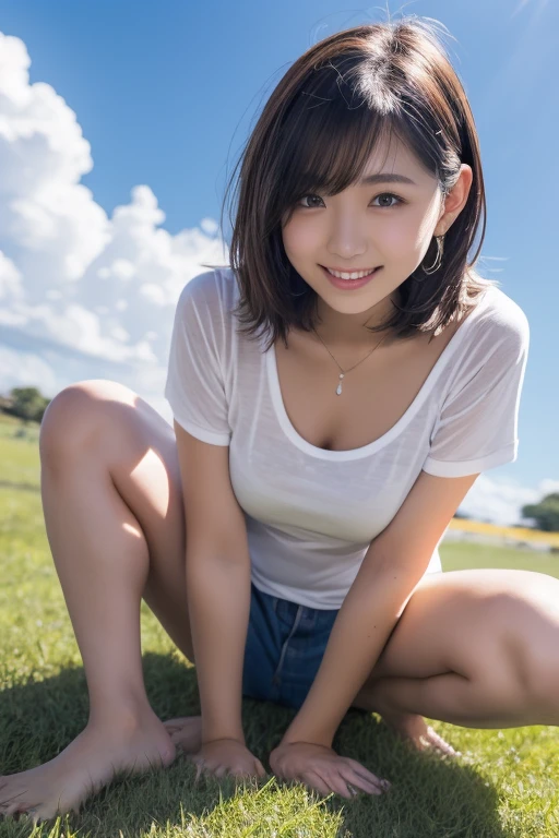 highest quality、Ultra-high resolution、8k、masterpiece、Clear photos、Sharp focus、Delicate and beautiful 、very cute、thin、Tight waist、See-through wet white shirt、Soaking wet、Her cleavage is visible:1.2、Very short black skirt:1.8、Very short bob hair、Brown Hair、smile、Gazing at the audience、Squat、Beautiful graphics、On the grass in the park