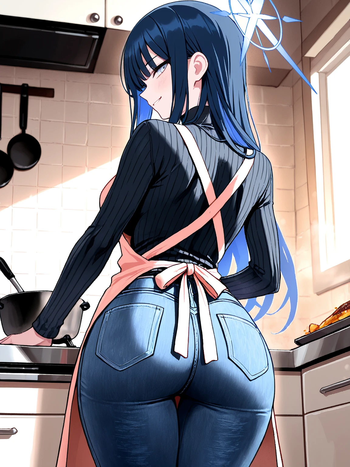 masterpiece,best quality,Misumaru Yurika,1girl,solo,retro artstyle,busty shortstack,blue hair,long hair,huge breasts,big ass,sexy girl, wide hips,low tank top, creampie, cum in pussy,after sex, (heavy breasts:1.6) motion lines, bouncing breast:0.8,kitchen,hot day,sweaty,wet,shiny body,back view,ass focus,pussy focus,