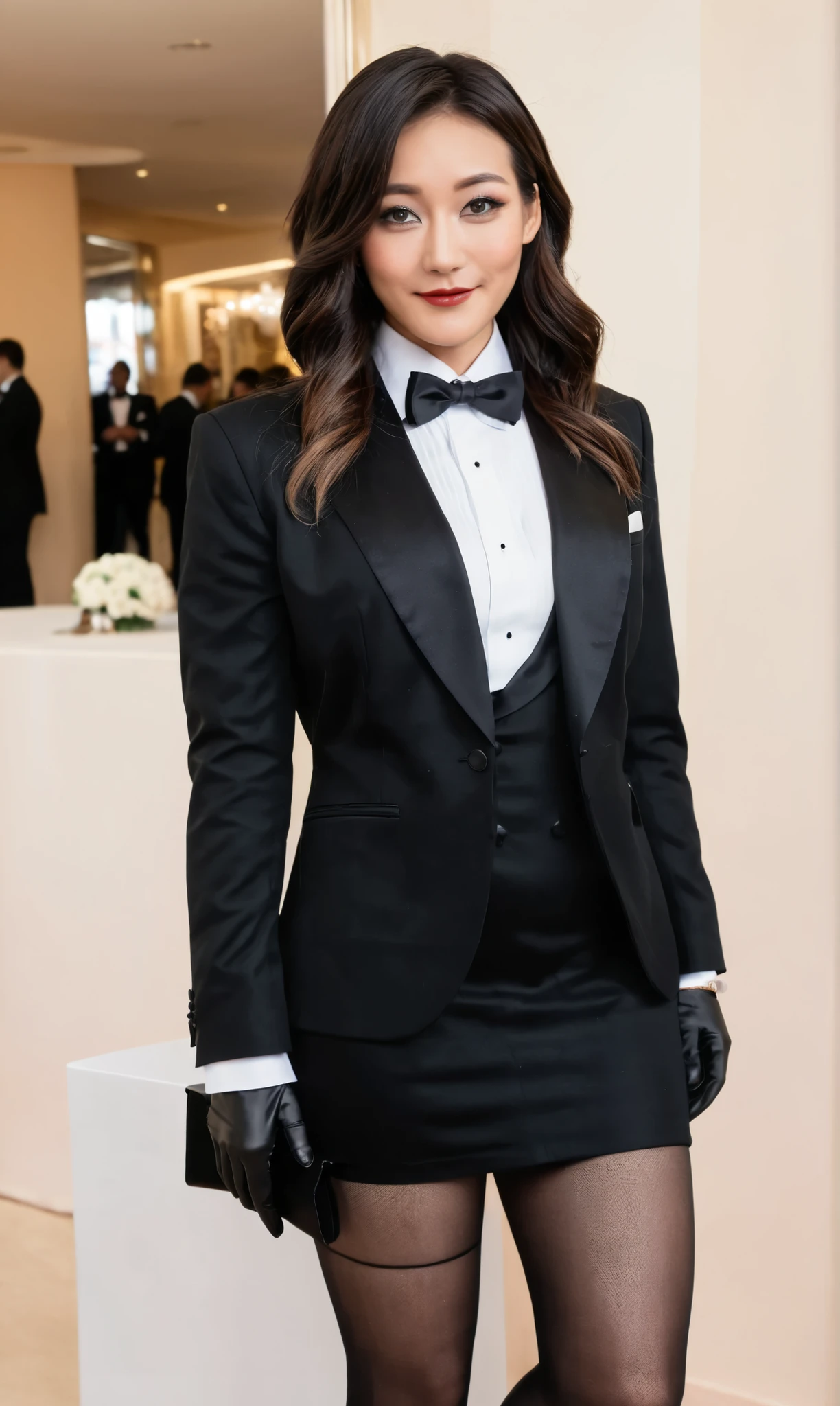 a beautiful picture of fukuharaXL ,woman,detailed skin texture,masterpiece, photorealistic, light, RAW color photo,(fully in frame:1.1), (blush:0.5), (goosebumps:0.5), (((three-piece suit))), (((tuxedo))), (((dress shirt))), (((white bowtie))), (((black blazer))), (((dinner jacket))), (((waistcoat))), double-breasted waistcoat, (((shiny satin black miniskirt))), pocket square, cufflinks, (((white gloves))),detailed face, (smile:0.5), film grain,cinematic lightning,fujifilm ,detailed eyes,camera, smile, red carpet, posing for pictures, celebrity event, paparazzi, hair down, makeup, lipstick, mascara, eyeliner, eyeshadow, silky glossy hair, (((high heels))), pinup pose, slender figure, cummerbund, (((shiny lapel))), (((black pantyhose))), gorgeous legs,