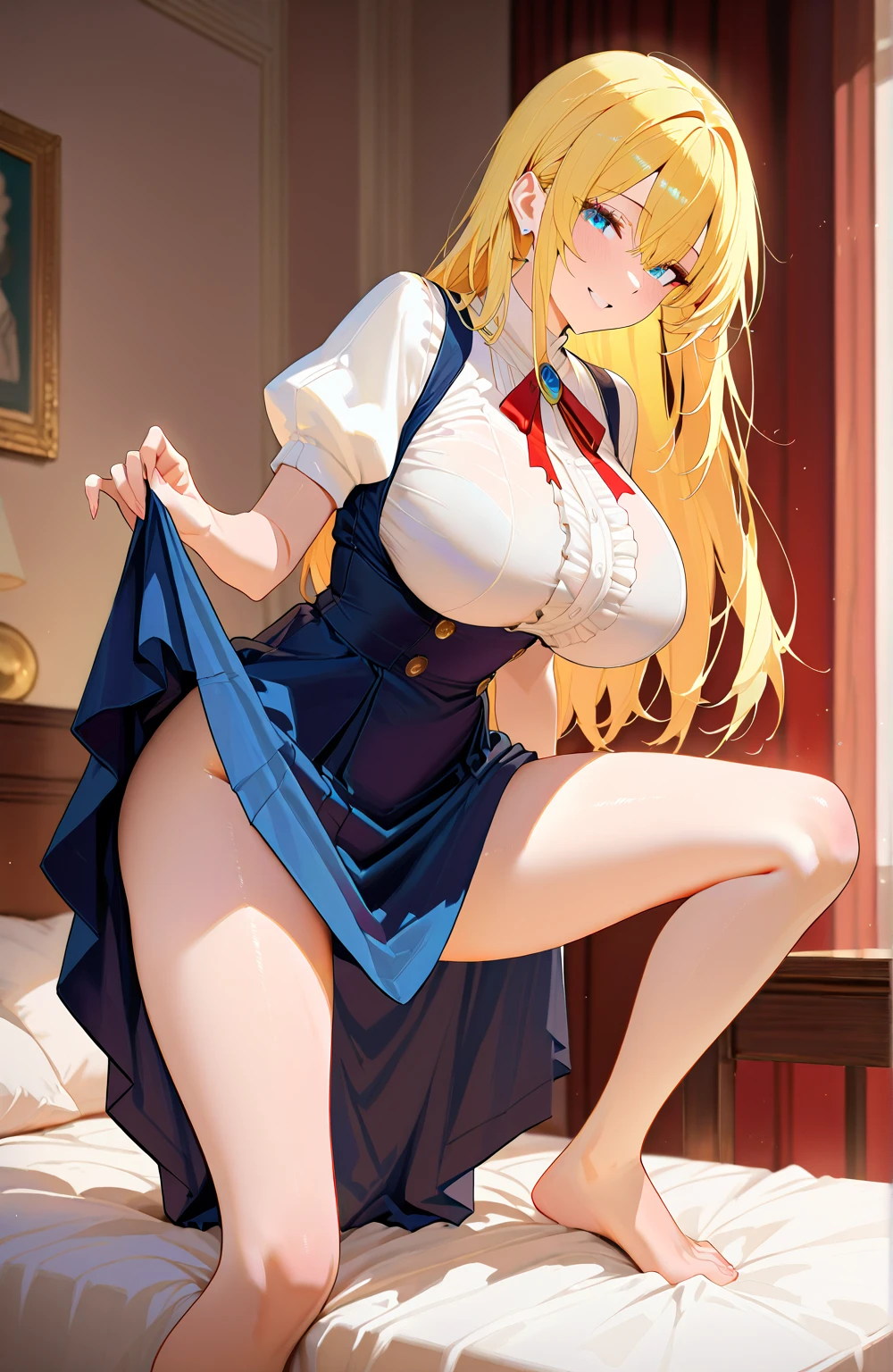 A 12 year old girl with a cute Alice in Wonderland blonde wavy headband sits naked with her legs spread wide showing her ass, anus, pussy and small nipples.。I don't wear any underwear。A pose where you can be seen from below。are small。Pose that shows your anus。pussy and anus are spread。Spreading legs with both hands。taking off the apron dress。SEX。NFSW