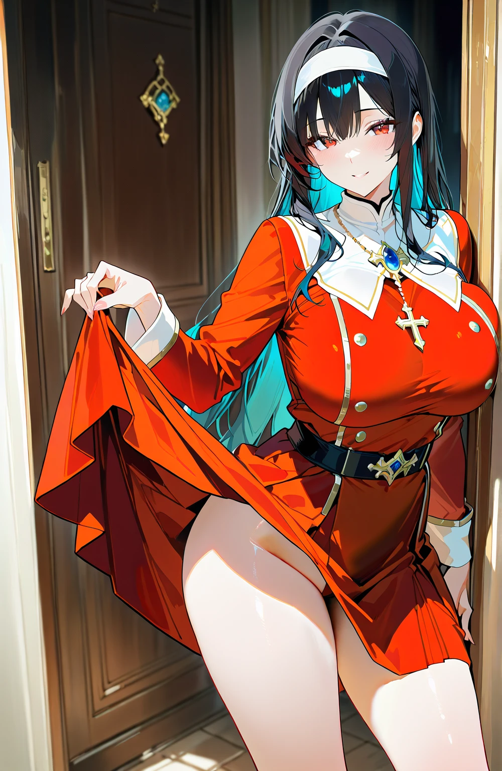 masterpiece, best quality, 1 solo girl, black hair, blue eyes, long hair, wavy hair, twintails, Christmas ornaments, medium breasts, mature body and face, red santa dress, christmas, christmas light, christmas tree, red gloves, red santa skirt, holding gift, red bra, red panty, leg up, cowboy shots, sexy pose, dakimakura, ultra-detailed body, face, and eyes, sharp focus, vibrant, creative, dynamic, high definition, high resolution, 8k, (Upscale: R-ESRGAN 4x+ Anime6B), (Image enchance:4x), voluptuous body