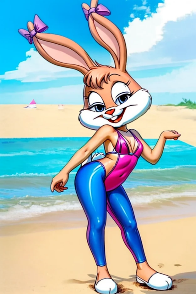 (one balloon humanoid inflatable anthropomorphic female full brown rabbit inflatable made out of inflatable shiny plastic), (in style of zootopia), Lifeguard red bikini, "POP ME" written on the bikini, full view, floats in the air. big buttocks, huge breasts, pussy connected to a hand pump