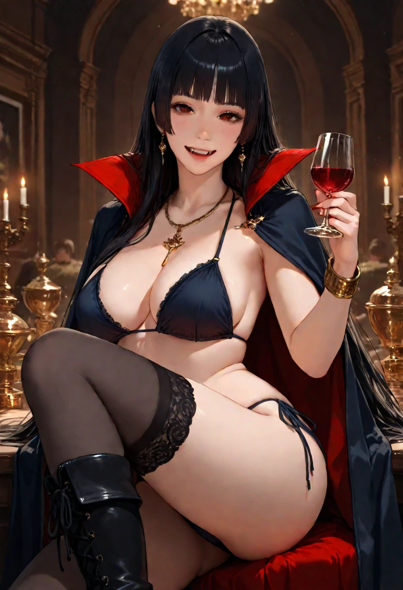An adult woman, half wolf and dragon, black hair, black wolf ears, black dragon tail, blue eyes, has a collar with a little golden heart, very shy, has a sexy body, large breasts and wears a bikini without any clothes on. top