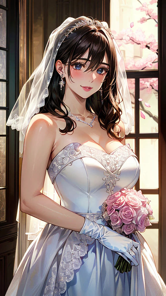 Girl with huge breasts in a wedding dress with a lace neckline ,bridal veil and bouquet