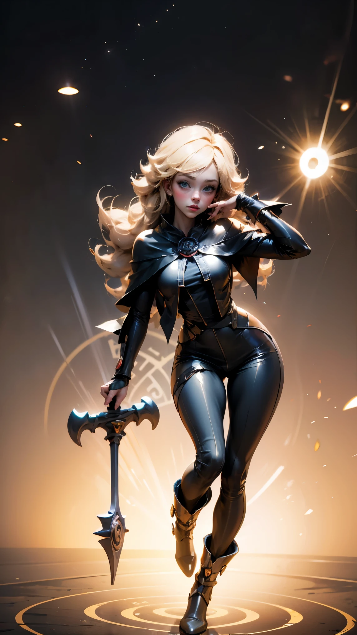 darck magician gils. blue eyes, long hair. blond hair. curly hair, blush on cheek, sexy pose. black clothes . black leather clothing. Pose of levitation on a magic staff. MAGIC HANDS . Magic circle in the background. full-body shot.