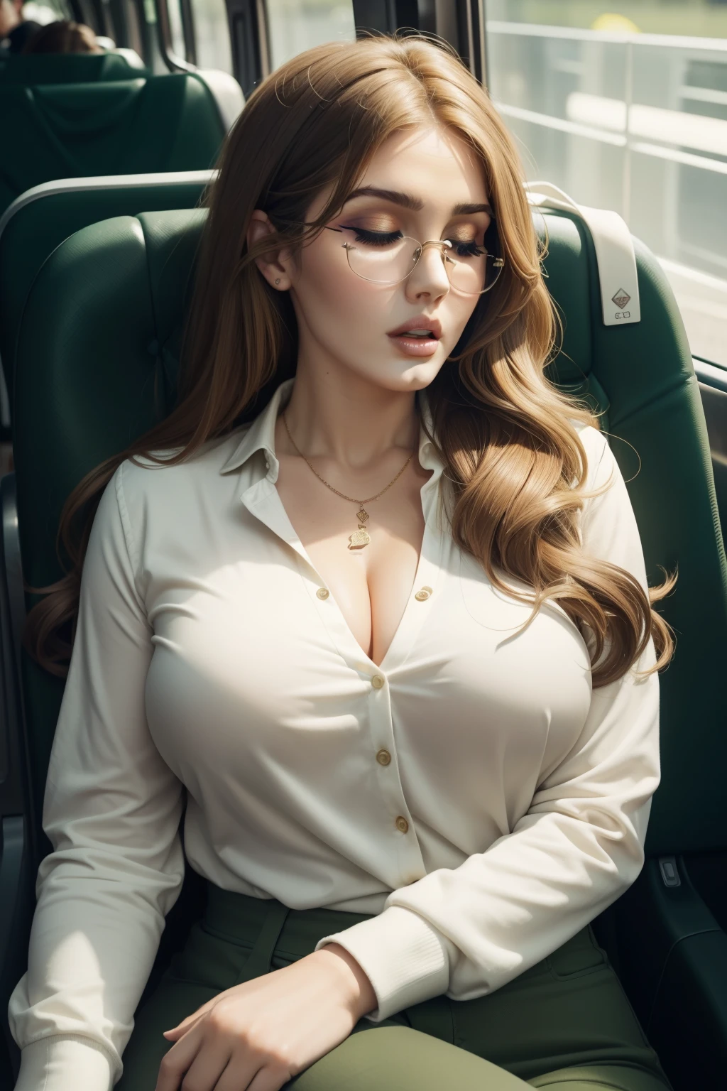 Lucy Pinder, brown hair, white sweater, (blue vest), cleavage, sexy pose, (eyes closed), ((very mouth wide open)), ((very intense makeup)), voluptuous woman, asian girl, ((glasses)), lying down, young, ((Very intense makeup)), sitting in a bus.
