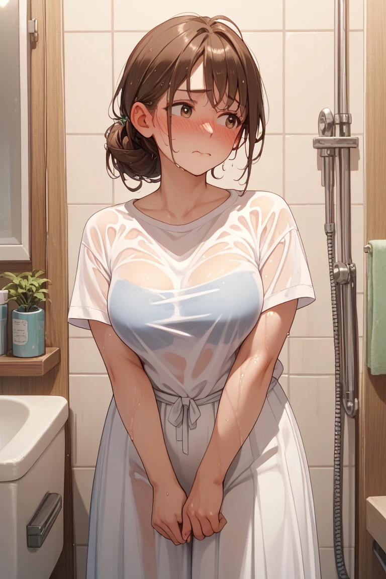 masterpiece,highest quality, Ultra-high resolution,(Beautiful woman:1.2), cute, cute face, (Upward-facing chest, Beautiful big boobs:1.3),(blush, Happy:1.2),(blush:1.5), Sticking out your tongue a little, Squint your eyes, (enjoy:1.2), (Black Hair:1), (short low ponytail:1.2), Medium Hair,Sexy mole around mouth,Wet lips, (erupt:1.4), (Squint your eyes:1.4) ,((Simple white T-shirt:1.3)),  ((see-through t-shirt)), (cute green panties), room, Girl's room, ((looking down:1.3)), Looking down angle, ((hugging own legs)), wonderful, Realistic Background,