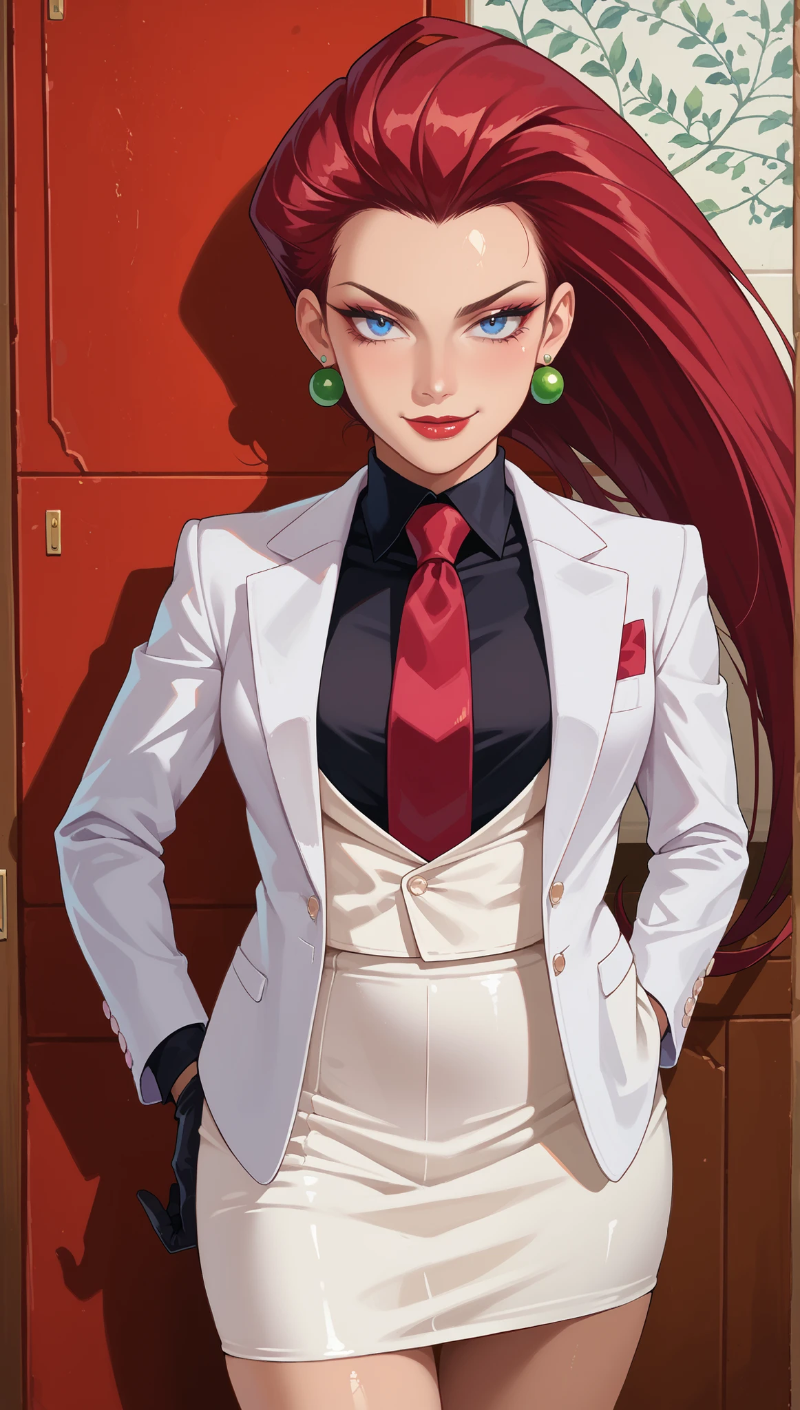 score_9, score_8_up,score_7_up, source_anime, 1girl, solo, looking at looking at viewer, high quality, EPpkJessie, long hair, blue eyes, (((adult))), red hair, hair slicked back, close up, portrait, shoulders up, face focus, white jacket, earrings, black gloves, jewelry, lipstick, looking to the side, makeup, white skirt, skirt, bodycon pencil skirt, knee-length skirt, full body, three-piece suit, (((white blazer))), (((shiny black shirt))), jacket, formal, waistcoat, vest, silk red necktie, pocket square, sassy, smug, look of superiority, looking down at viewer bedroom eyes, lidded eyes, detailed eyes